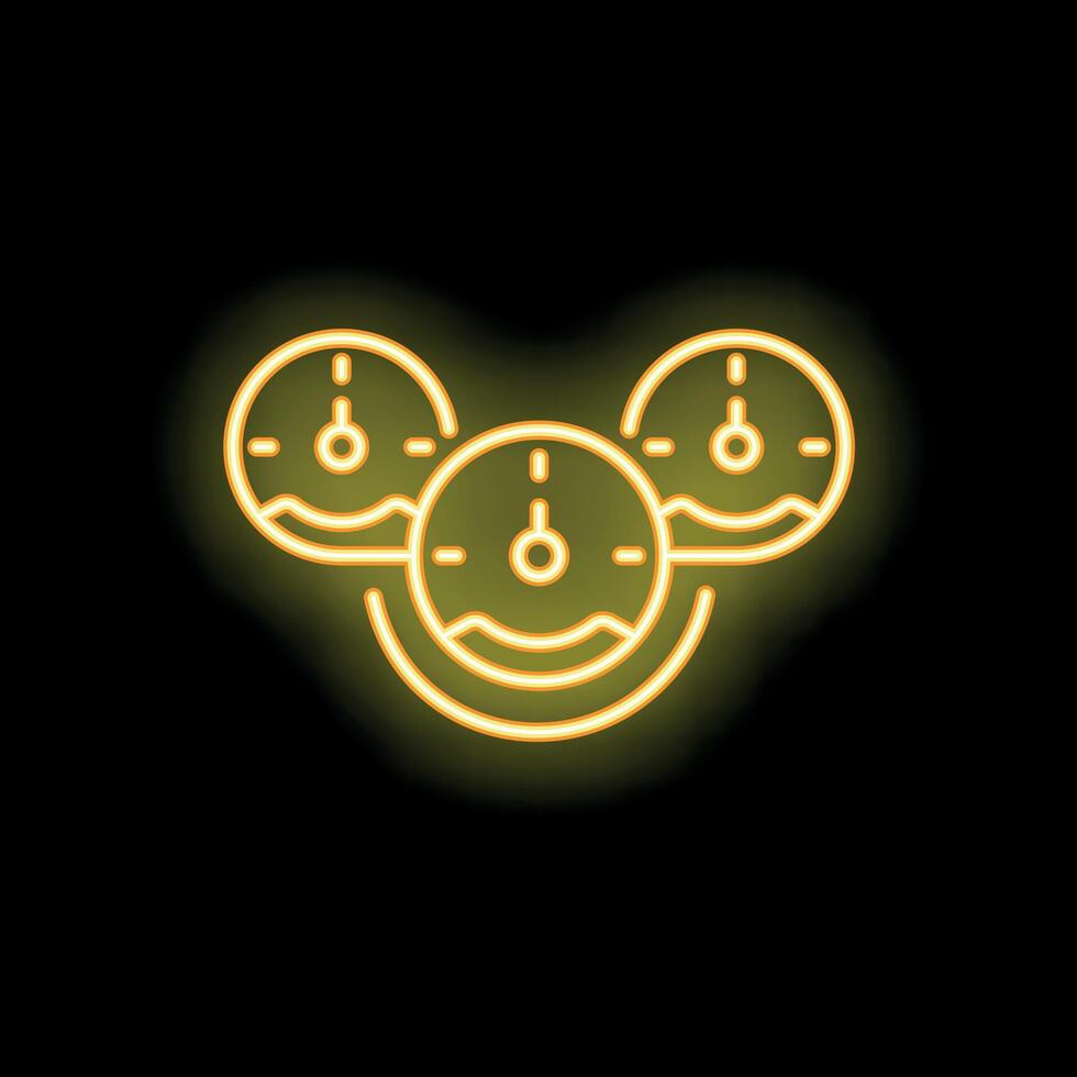 Neon icon of three speedometers glowing yellow on black background vector