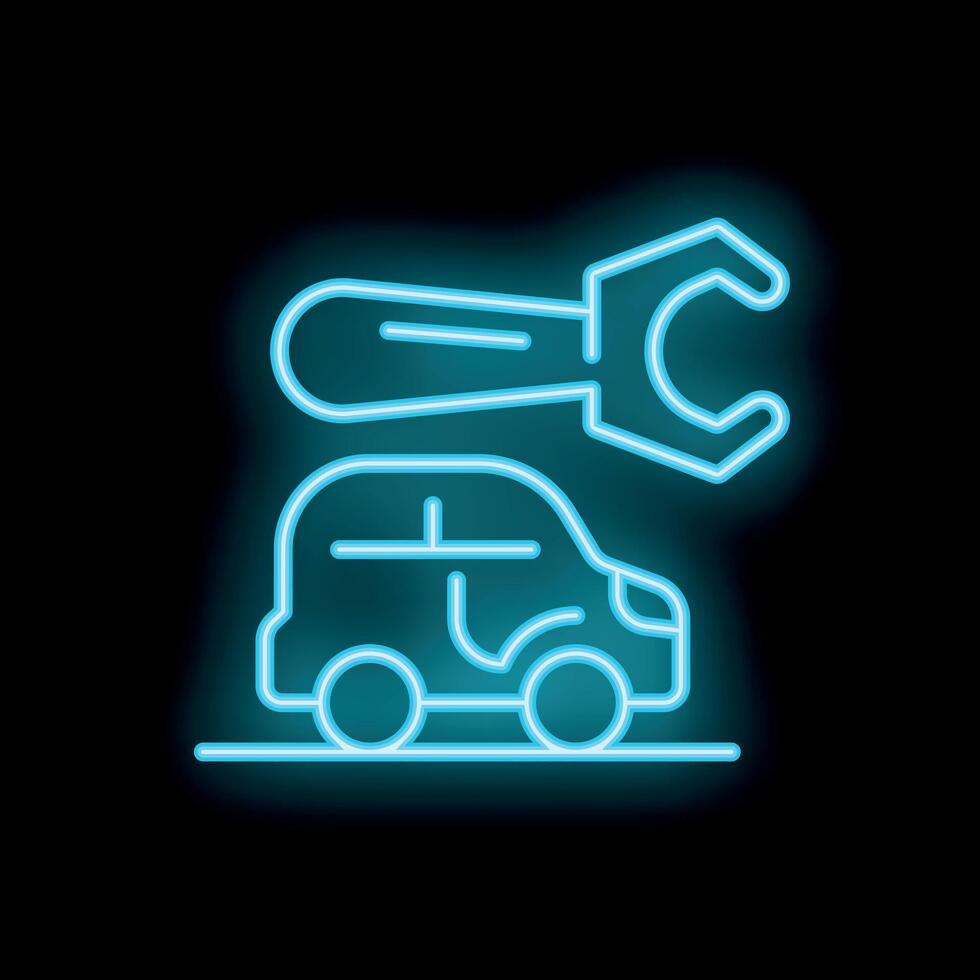 Neon car repair garage logo with wrench fixing a vehicle vector