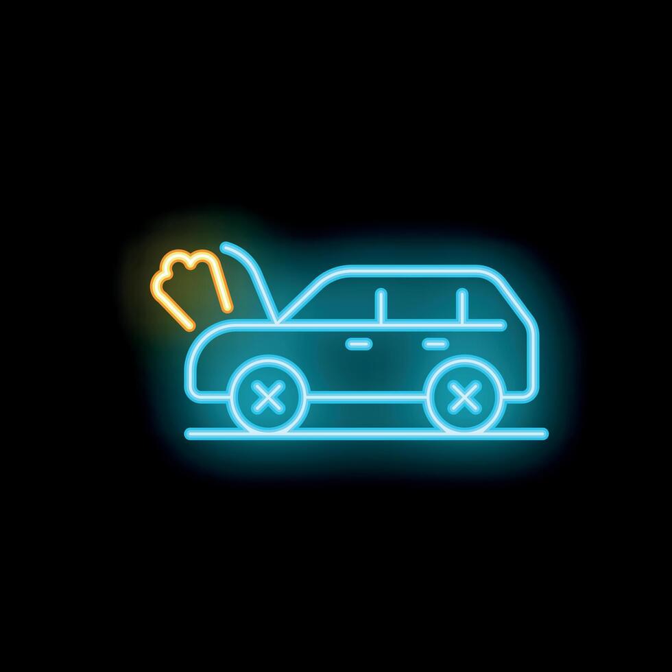 Neon style icon broken car overheating smoke from hood open vector