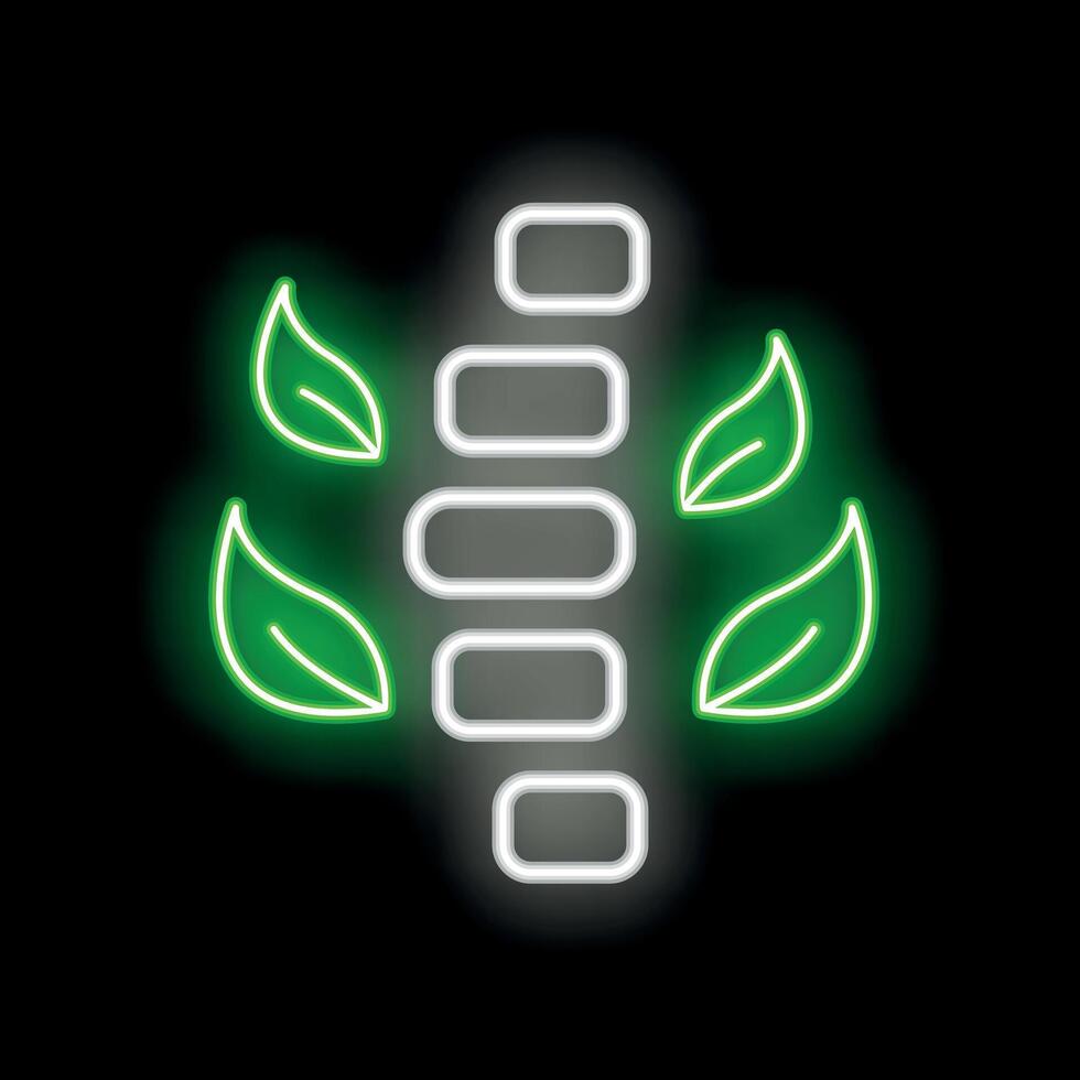Neon spinal column surrounded by green leaves on black background vector