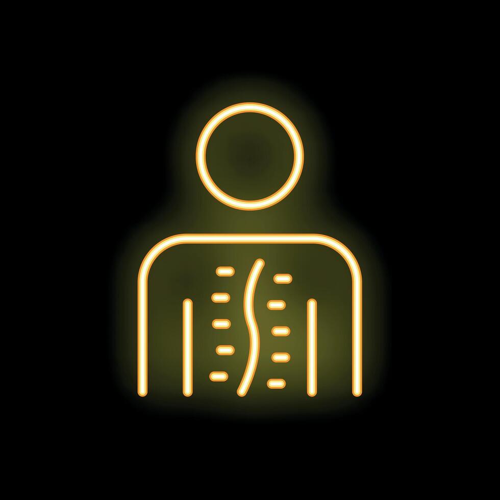 Neon sign representing scoliosis with a yellow glowing back bone on black background vector