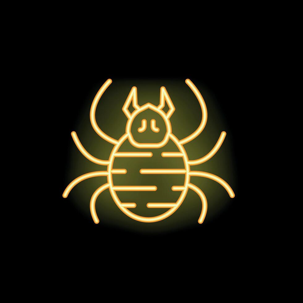 Yellow neon sign of a spider with big abdomen on black background vector