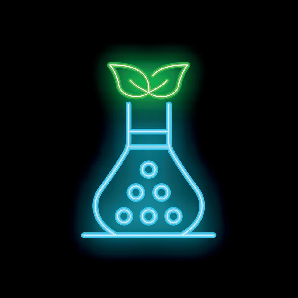 Neon sign illustrating the concept of green chemistry with an erlenmeyer flask and leaves vector