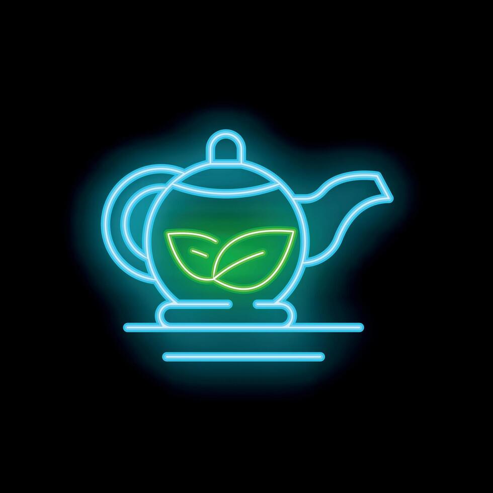 Neon sign of teapot with green tea leaves on black background vector