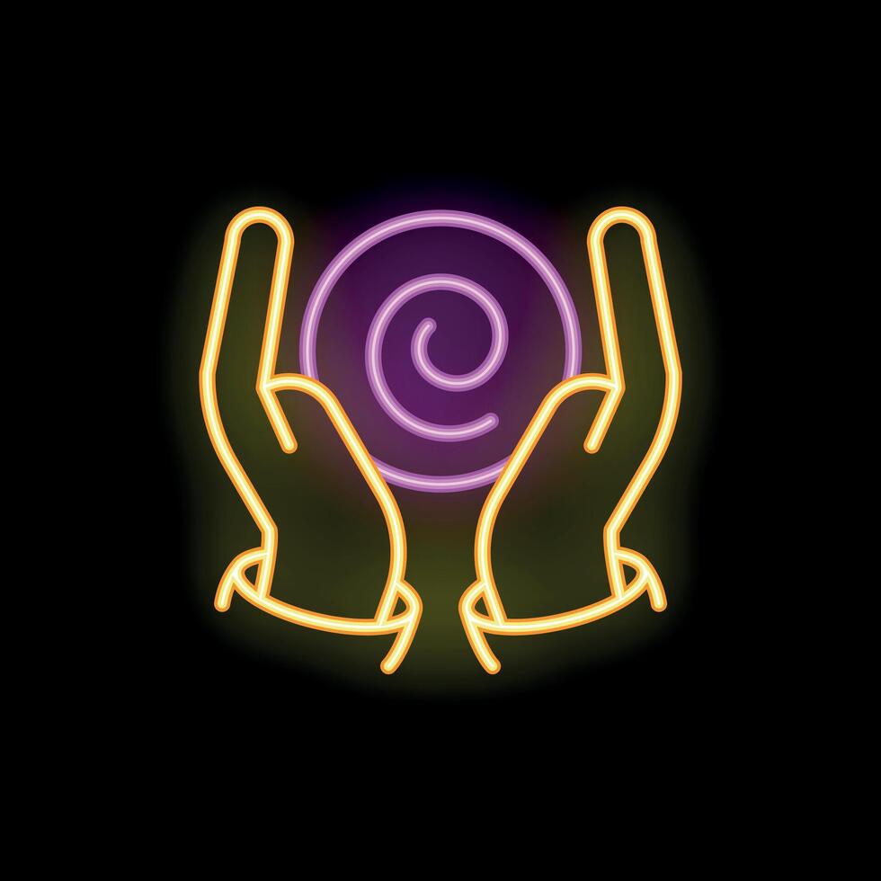 Two hands holding glowing neon swirl on black background vector