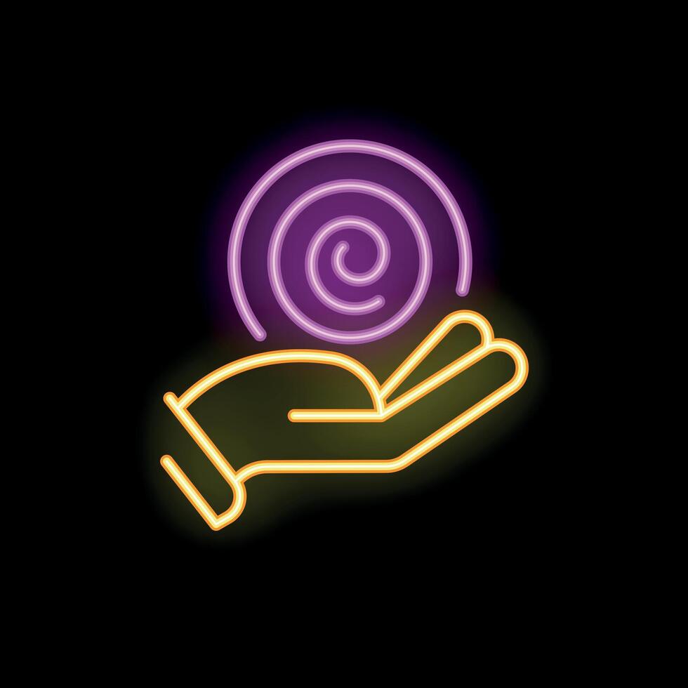 Hand holding glowing spiral neon sign icon on black background vector