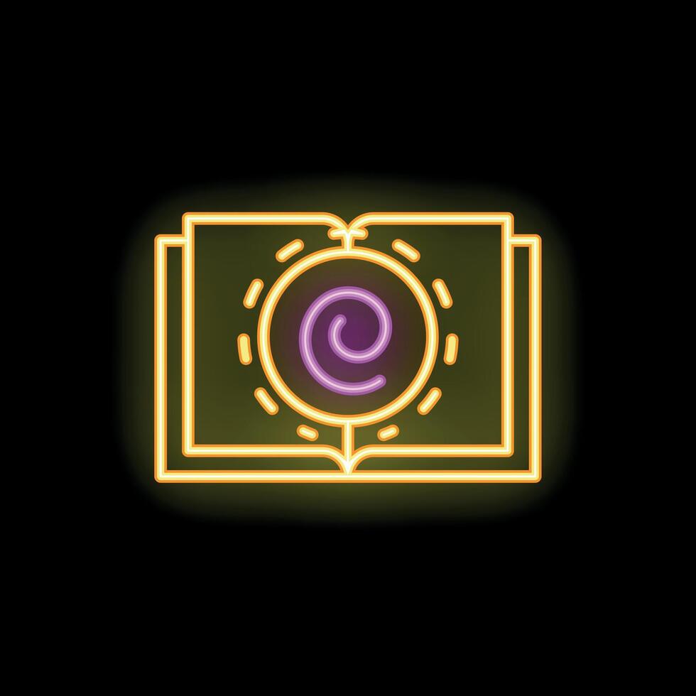 Neon open book with copyright symbol on black background vector