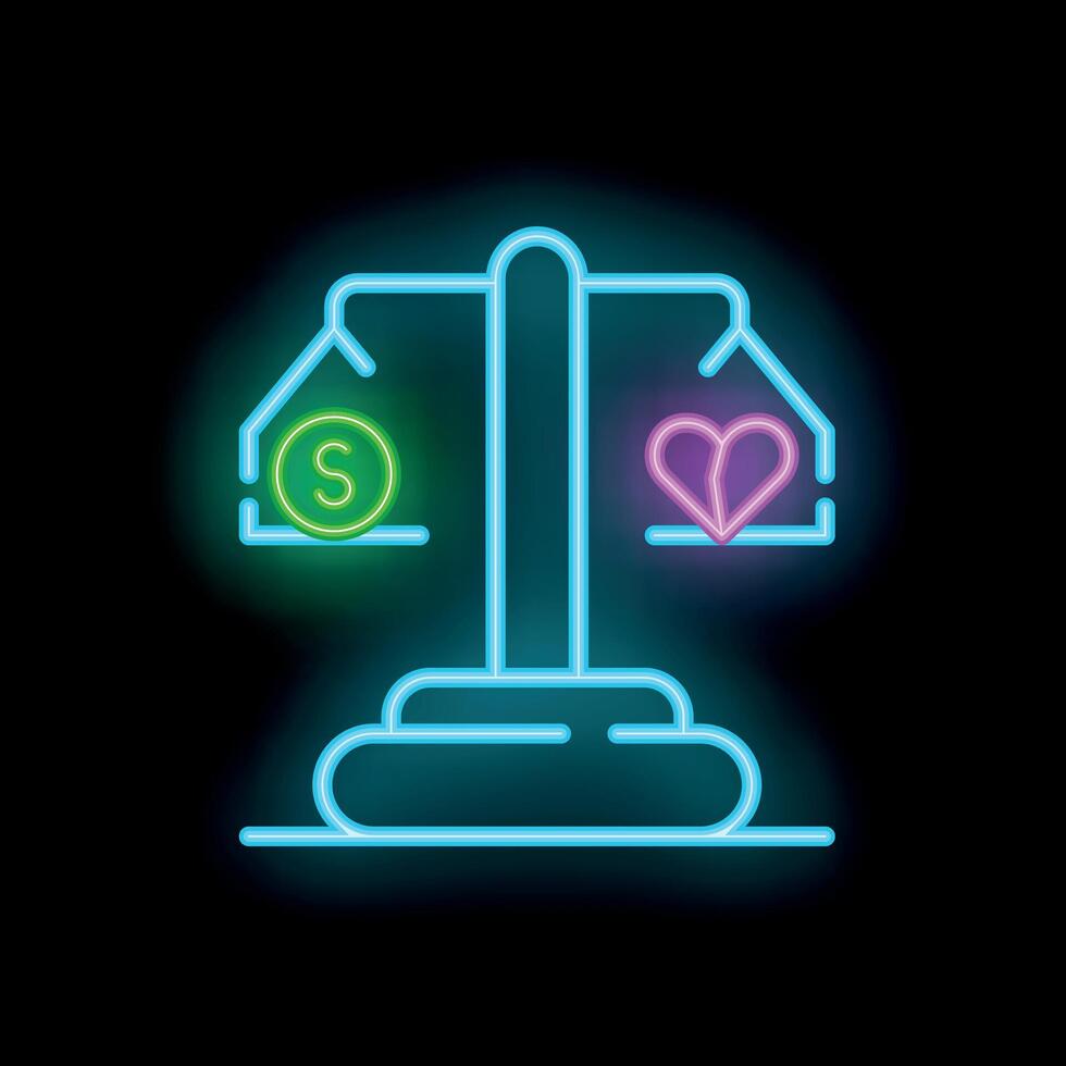 Neon icon representing the difficult choice between love and money vector