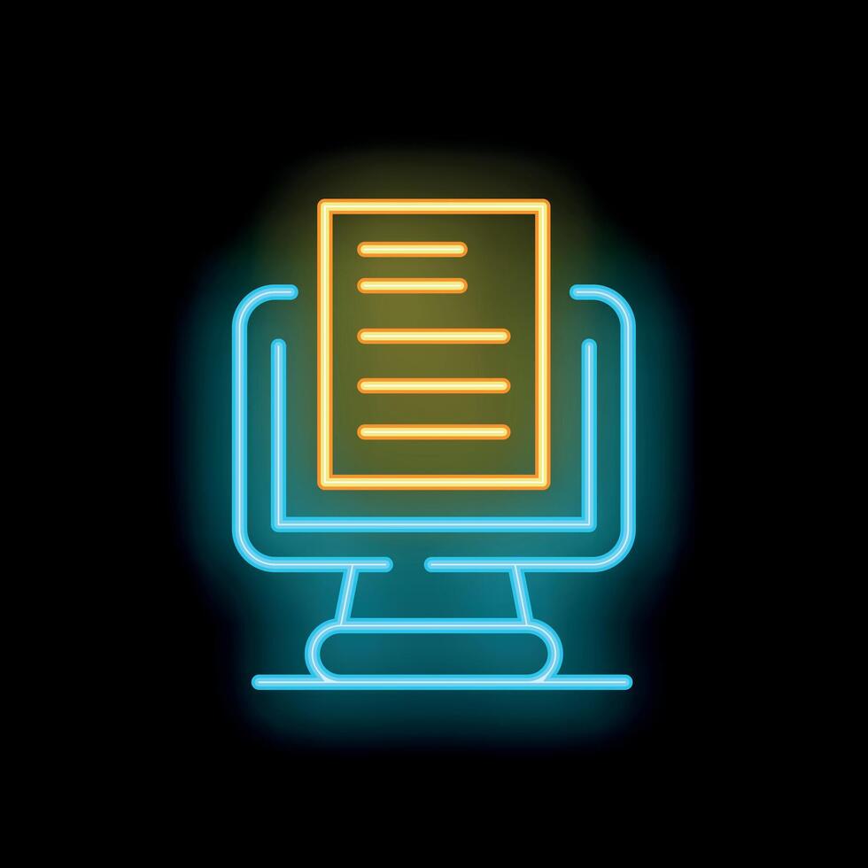 Neon icon of computer displaying document for online reading or editing vector