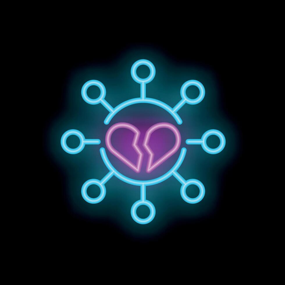 Neon icon of broken heart representing heartbreak on social media vector