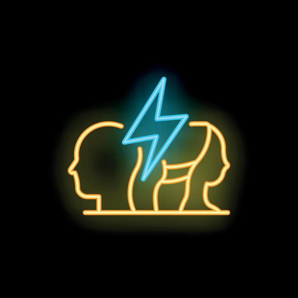 Neon icon of two people sharing idea represented by lightning bolt vector