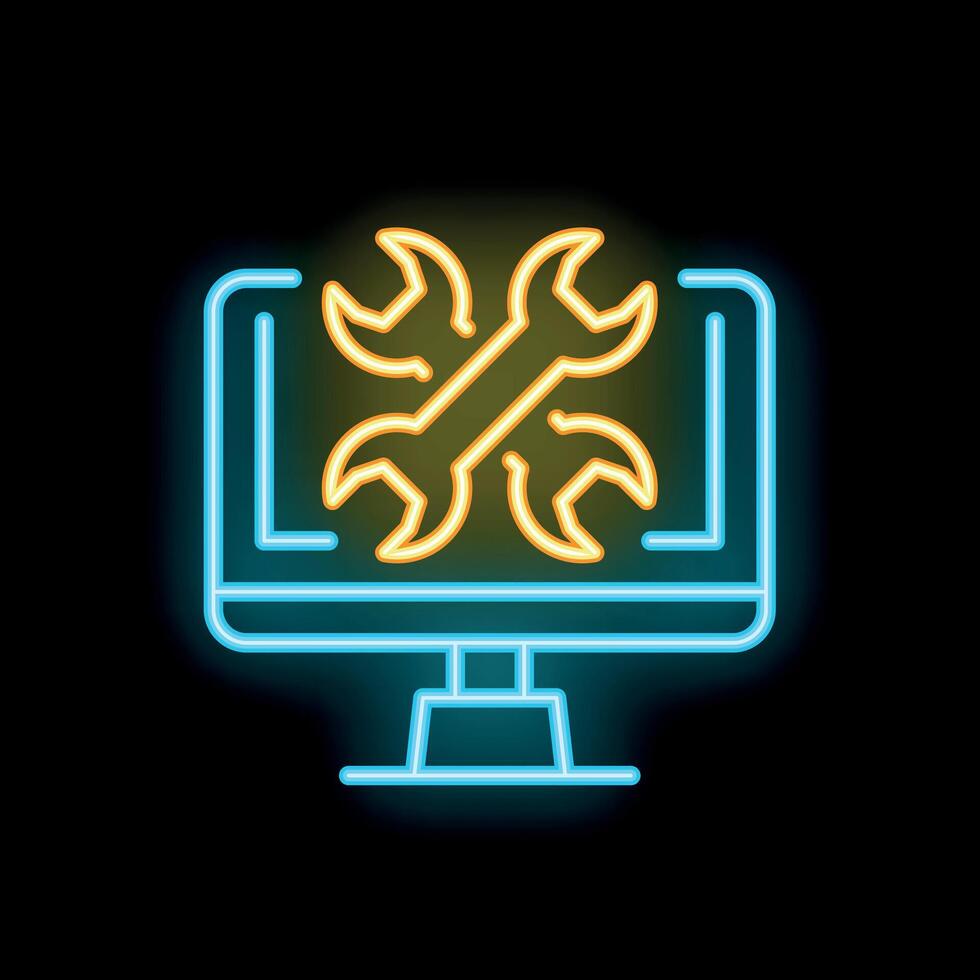 Neon icon of computer screen showing crossed wrenches for online technical support vector