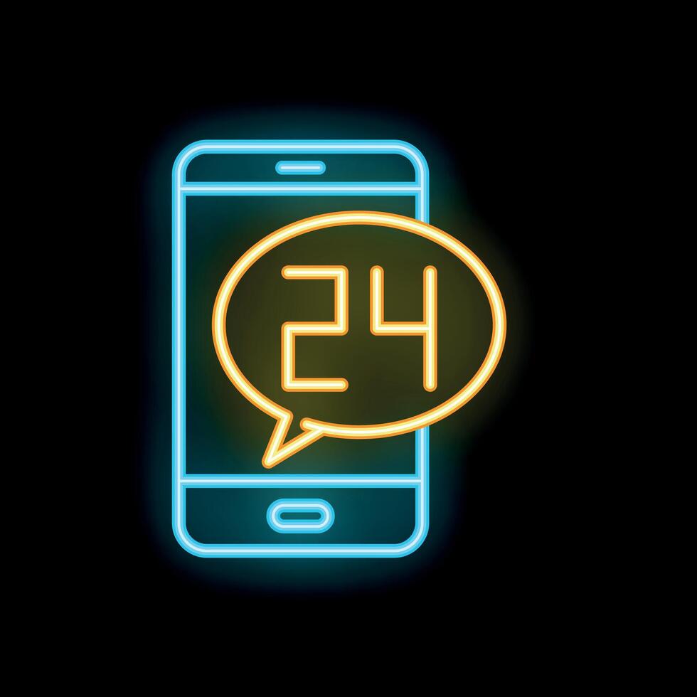Neon smartphone showing 24 hours availability support icon vector