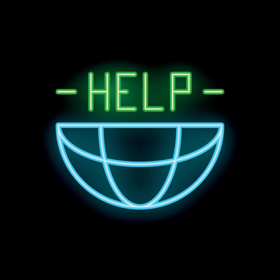 Neon sign showing help above a world map vector