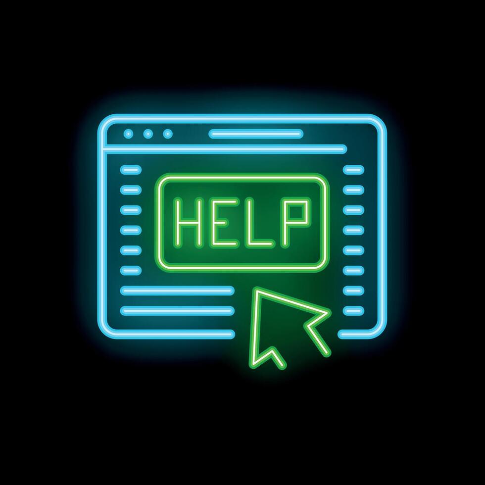 Neon help button on website with mouse cursor clicking vector