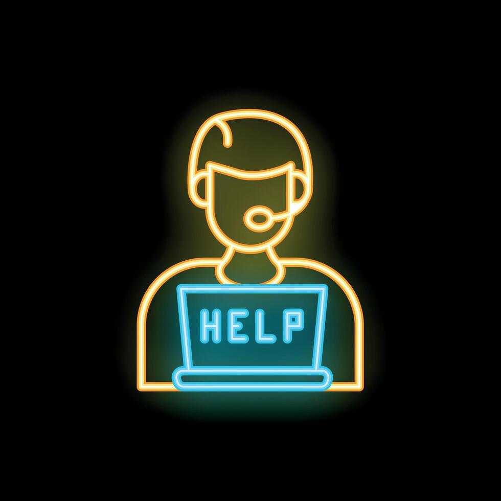 Neon icon of customer service representative holding laptop showing help message vector