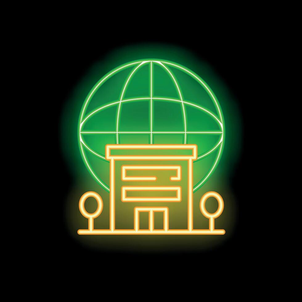Green neon globe hovering over office building at night vector