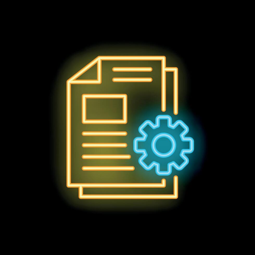 Neon icon of gear managing documents representing workflow automation vector