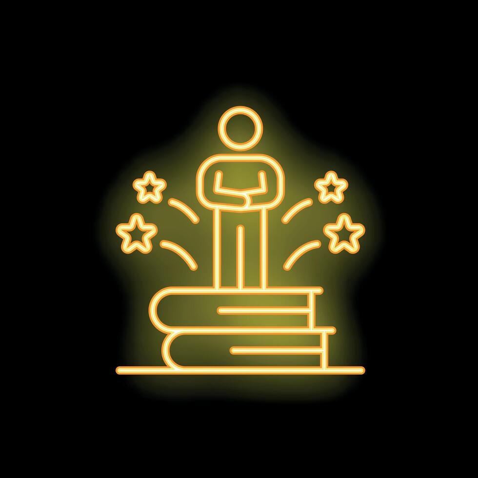 Man standing on books celebrating with confetti neon sign vector