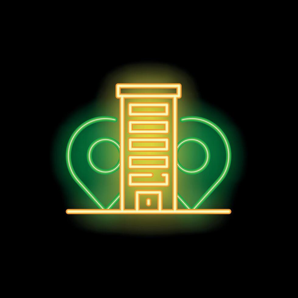Neon icon of apartment building between two location pin symbols vector