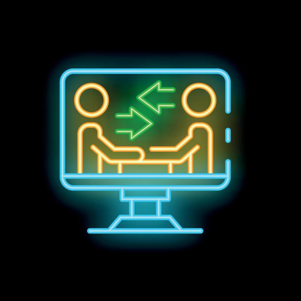 Neon icon of two business people shaking hands through a conference on a desktop computer vector
