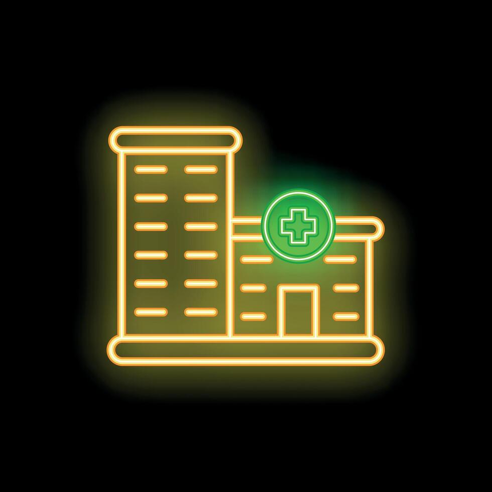 Neon hospital building with glowing cross sign at night vector