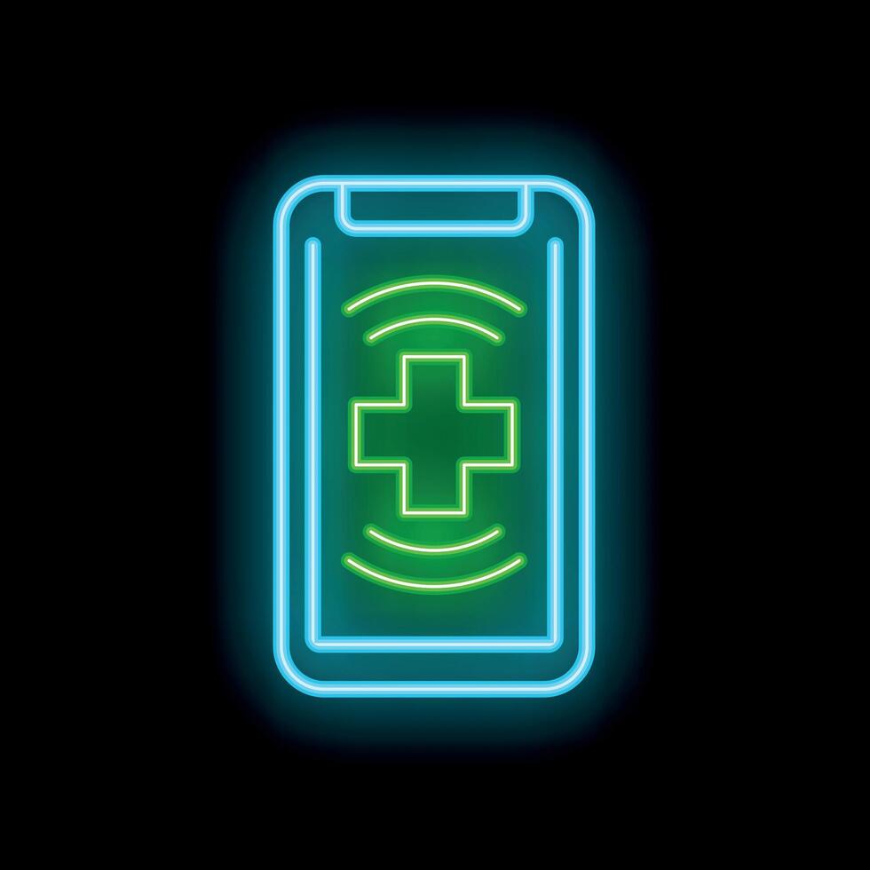 Neon icon of smartphone showing green cross and signal waves vector