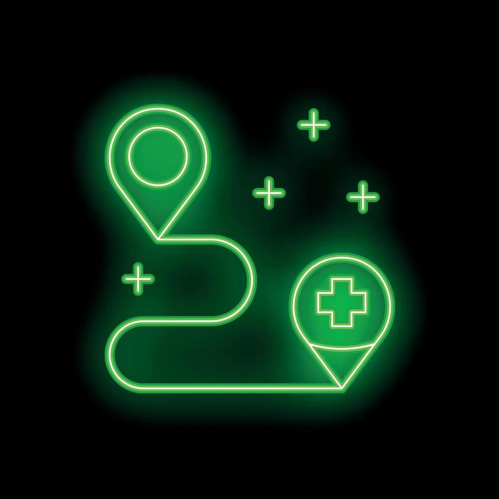 Neon green gps route to hospital with location pin icon vector