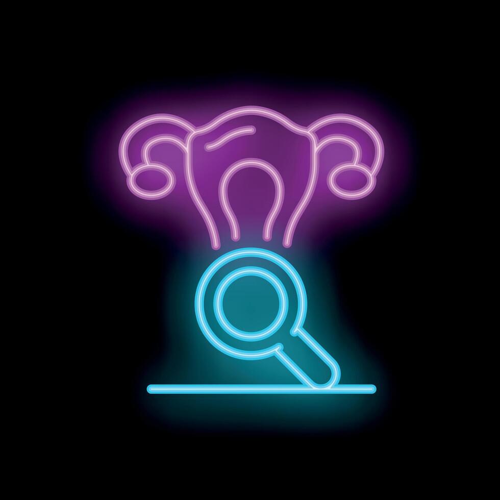 Neon icon representing uterus examination with magnifying glass vector