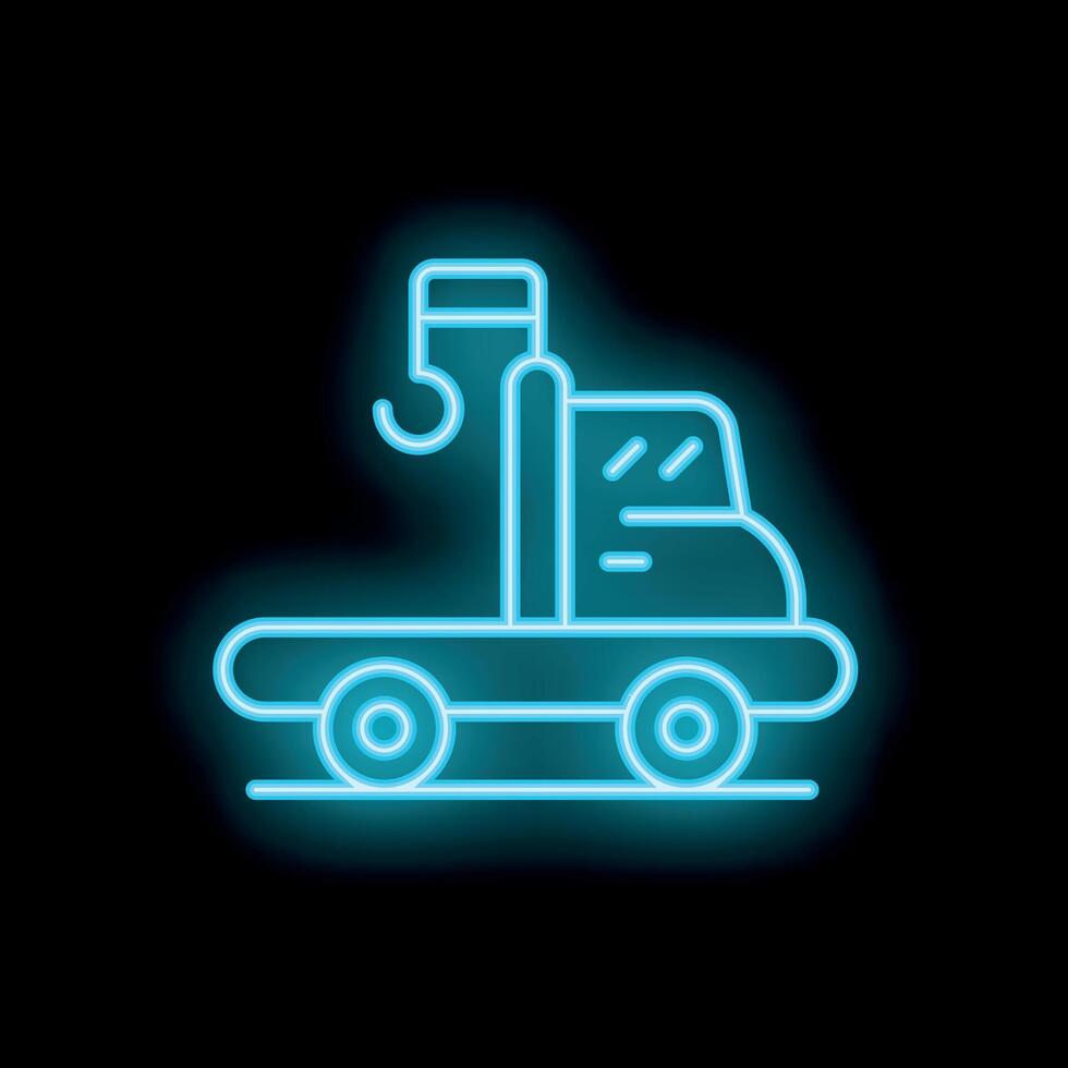 Blue neon icon of tow truck with hook lifting up on black background vector