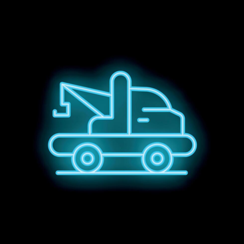Blue neon sign of a tow truck glowing on black background vector