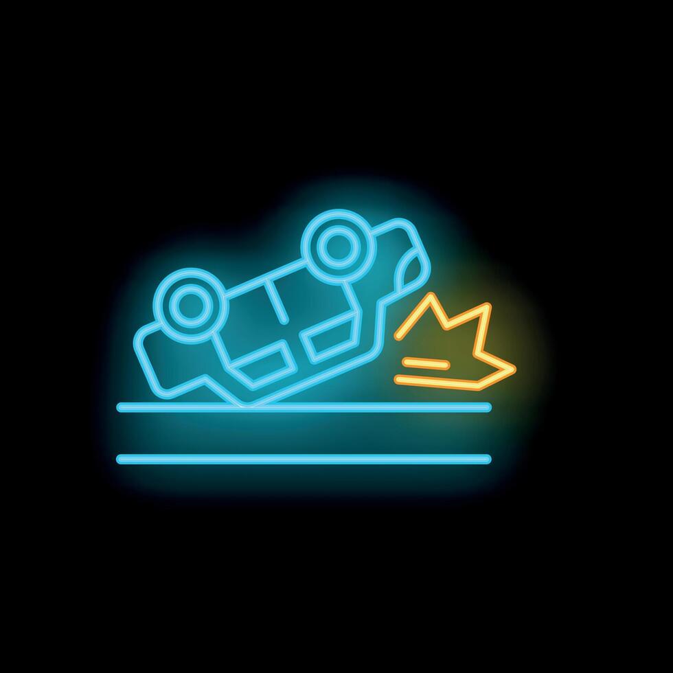 Glowing neon icon of car crashing and flipping over on road vector