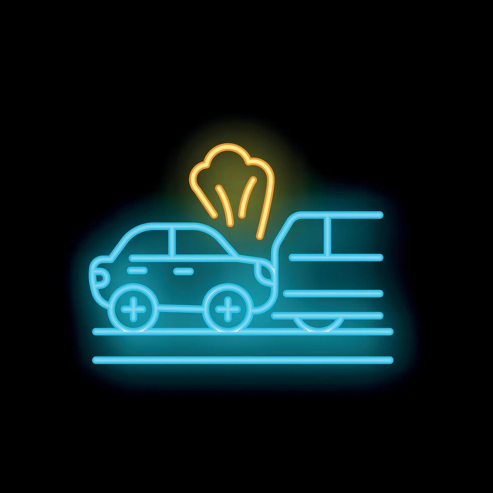 Neon style icon of car crash with smoke for mobile app design vector