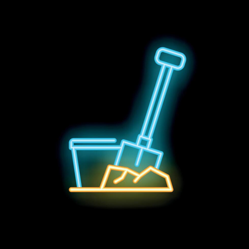 Neon shovel and bucket standing on a pile of sand or gravel vector
