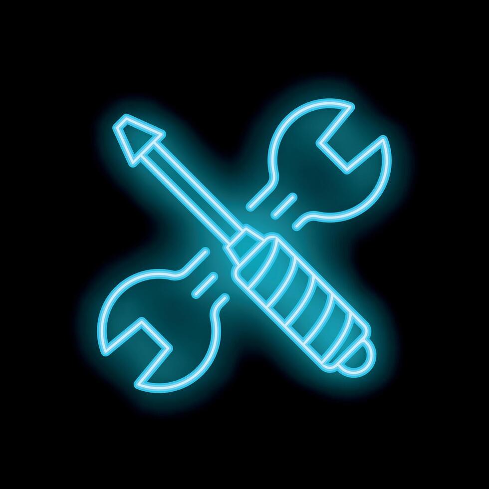 Neon screwdriver and wrench crossed over black background vector