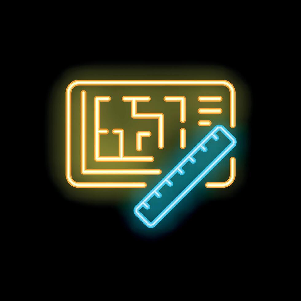 Bright, glowing neon sign of a house plan and ruler, on a black background vector