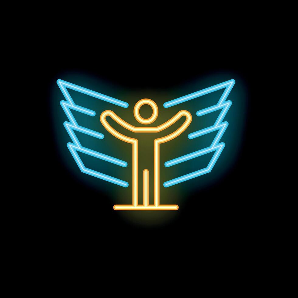 Neon sign of a person standing with arms raised and outstretched wings vector