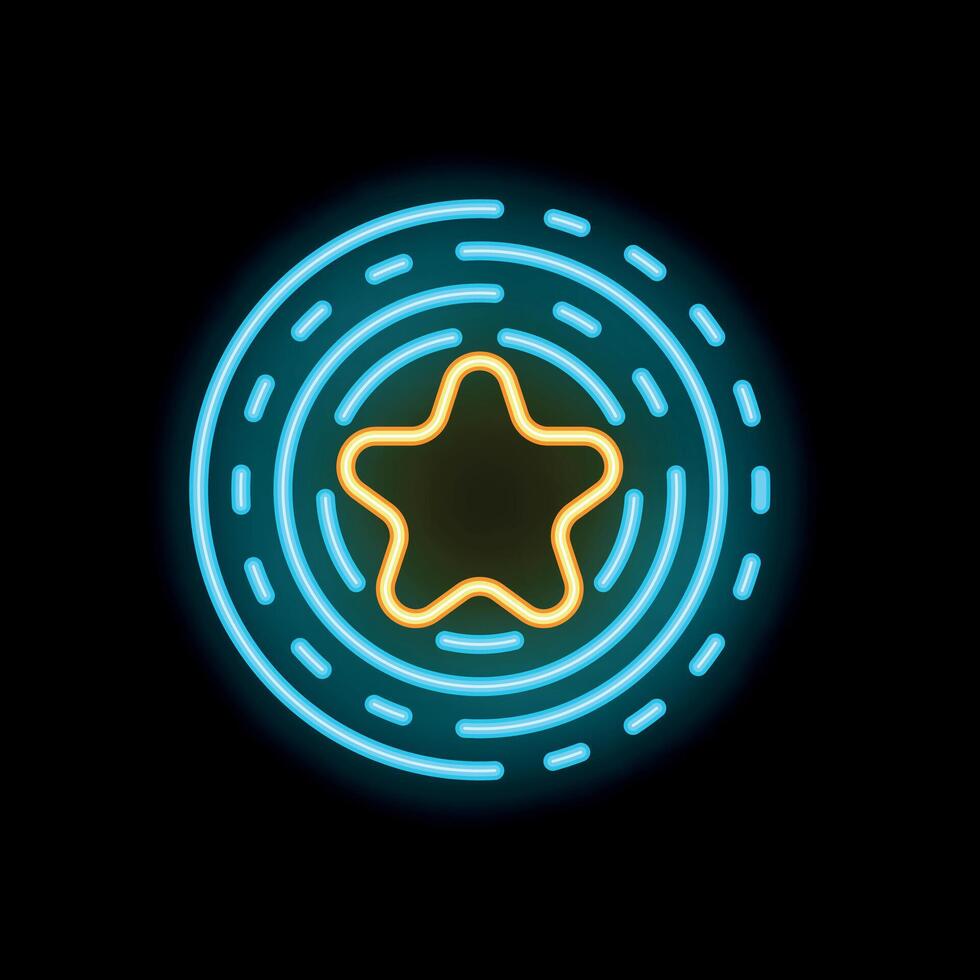 Neon star shining inside concentric circles on black background vector