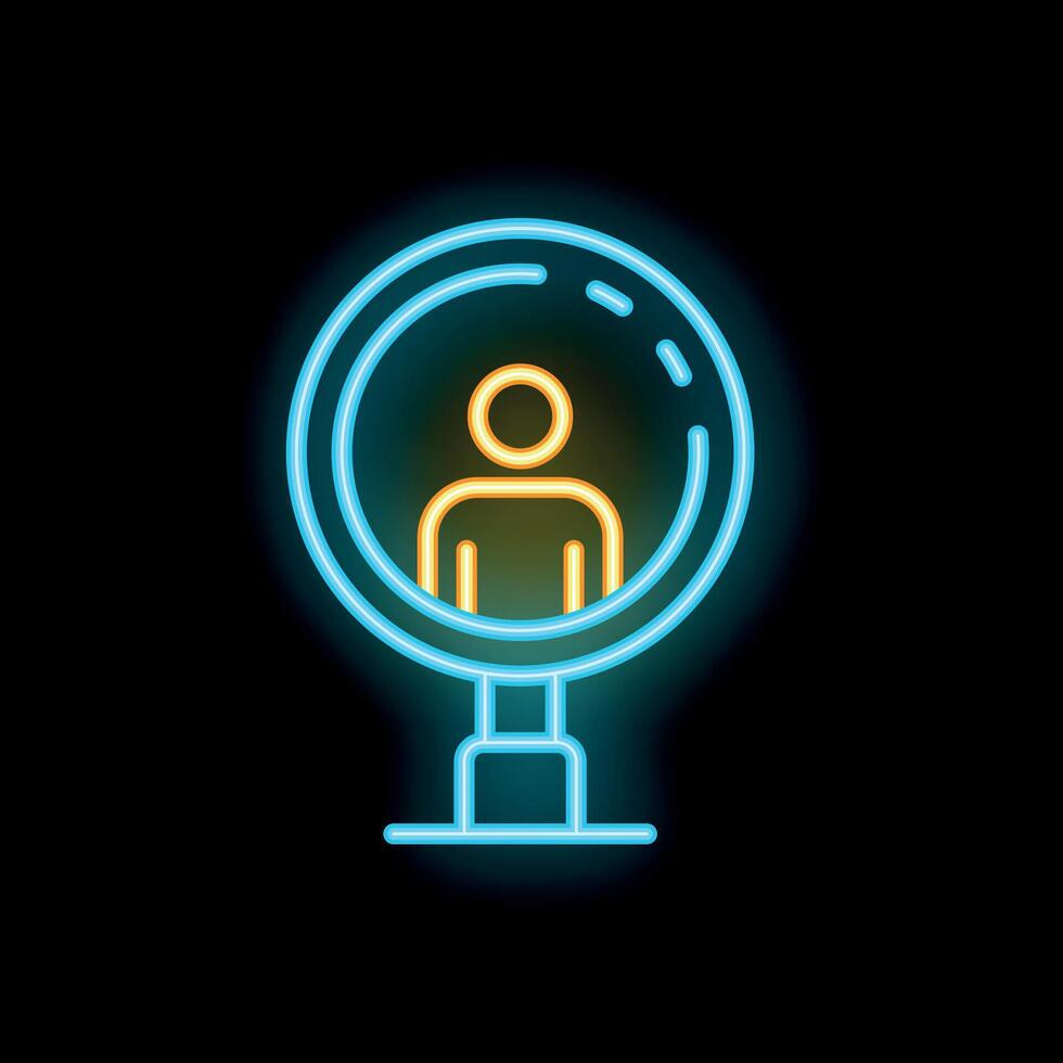Neon icon of magnifying glass focusing on a person for target audience concept vector