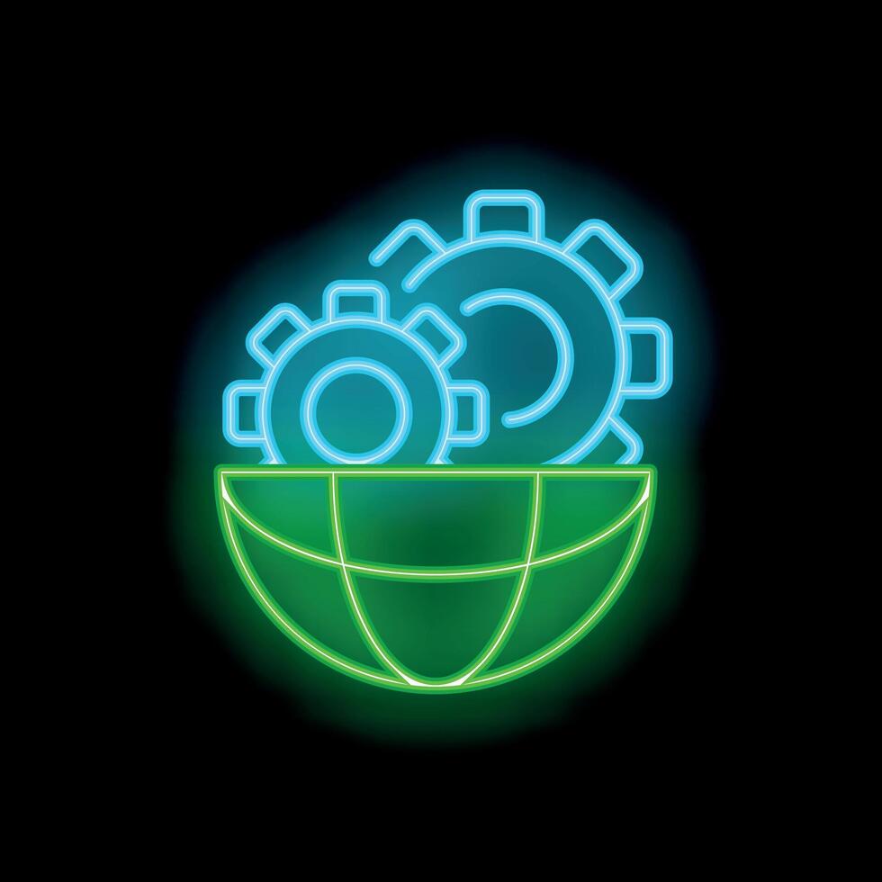 Neon icon of gears rotating over planet earth representing global industry vector