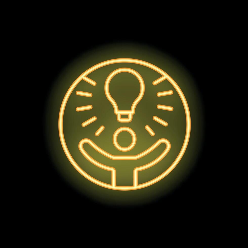 Neon sign representing person raising arms under light bulb vector