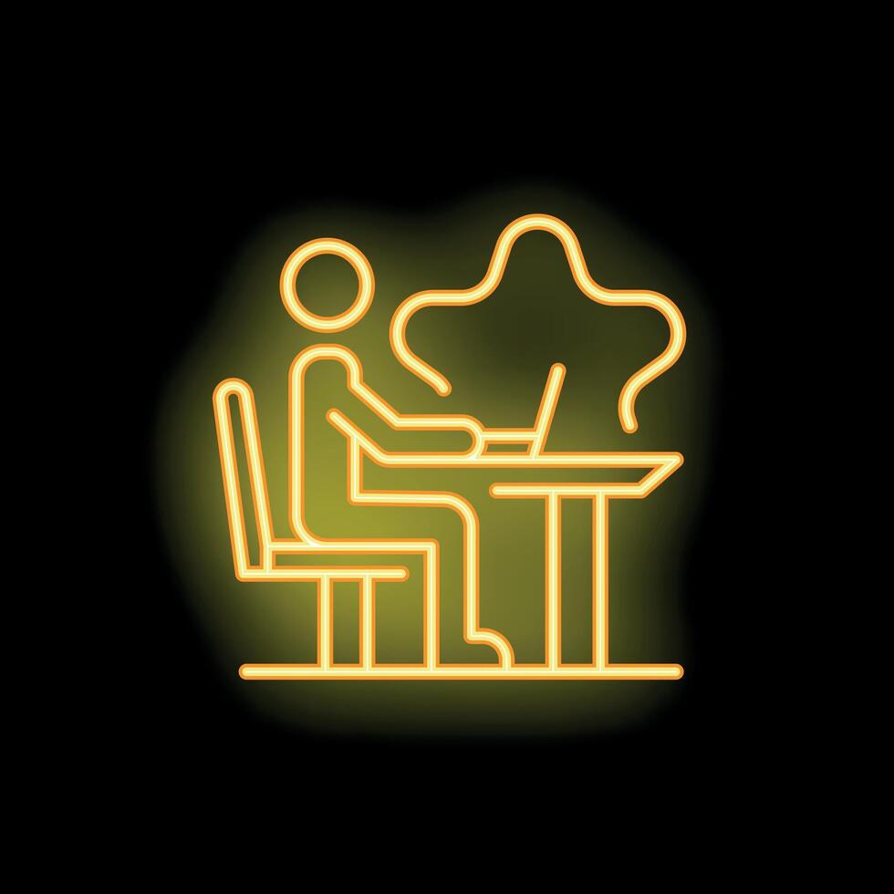 Businessman working on laptop in cafe neon sign icon vector