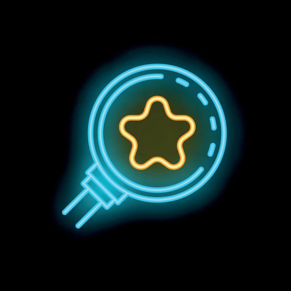 Neon icon of magnifying glass zooming in on a star shining brightly vector
