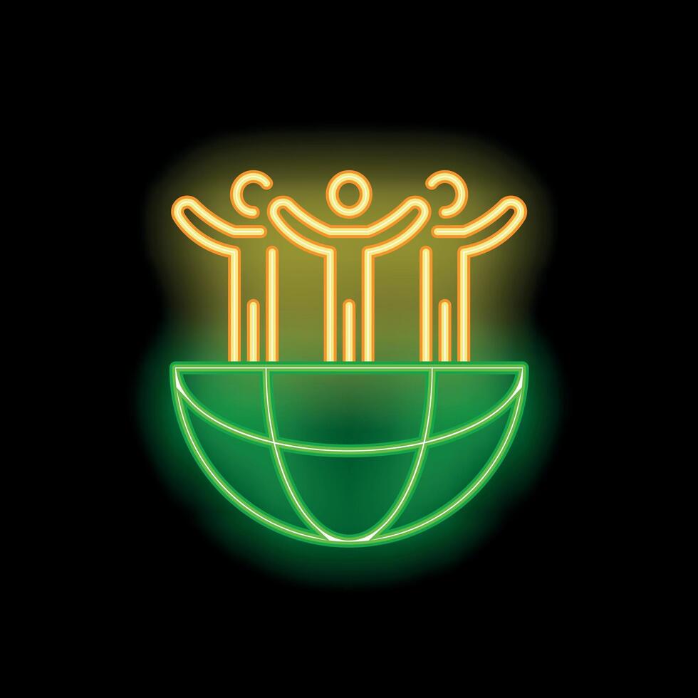 Neon icon of three people standing on top of planet earth holding hands vector