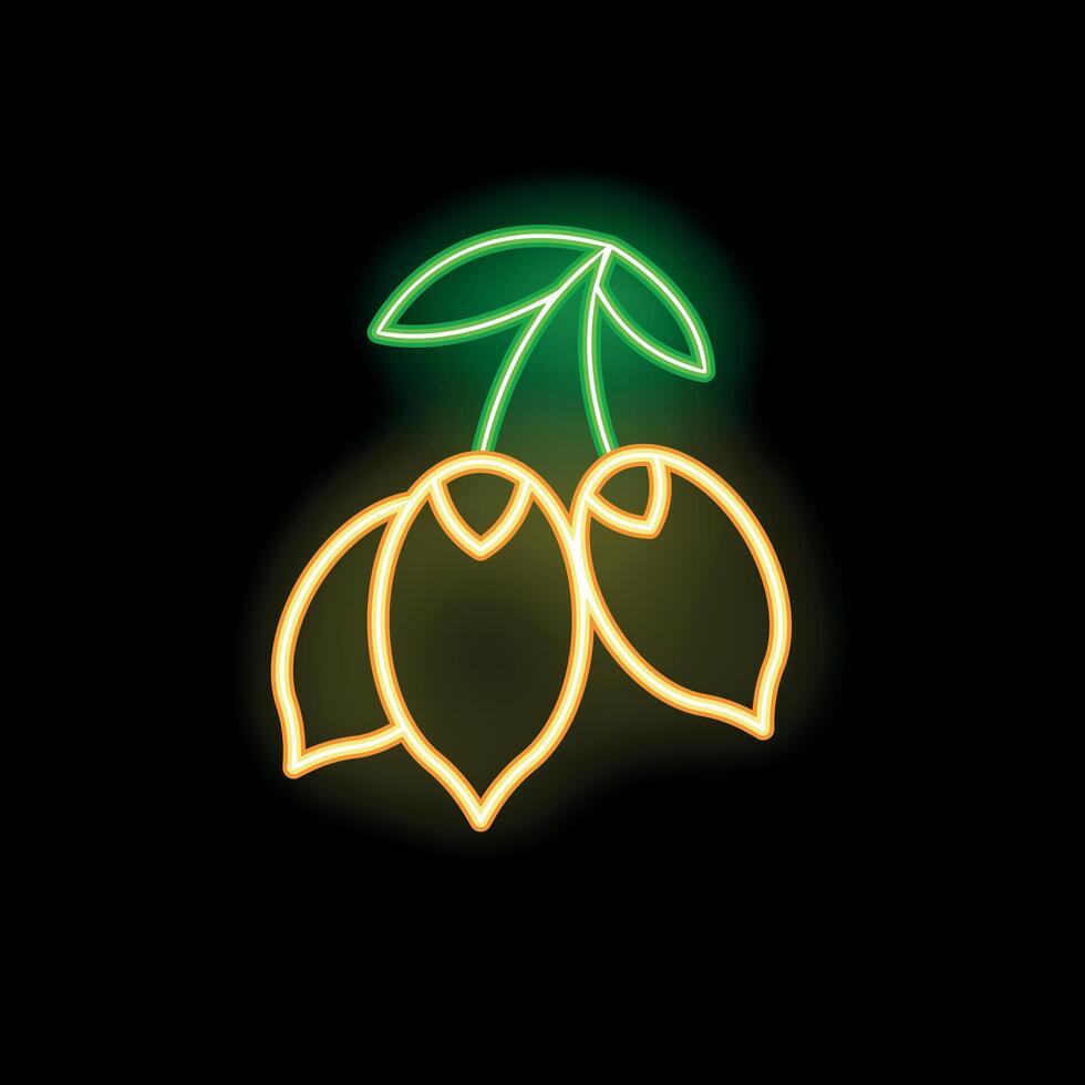 Glowing neon sign representing three dates hanging from a branch on black background vector