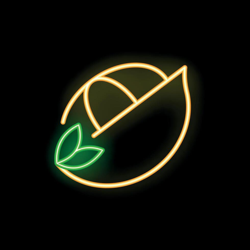 Neon sign showing half lemon with leaves on black background vector
