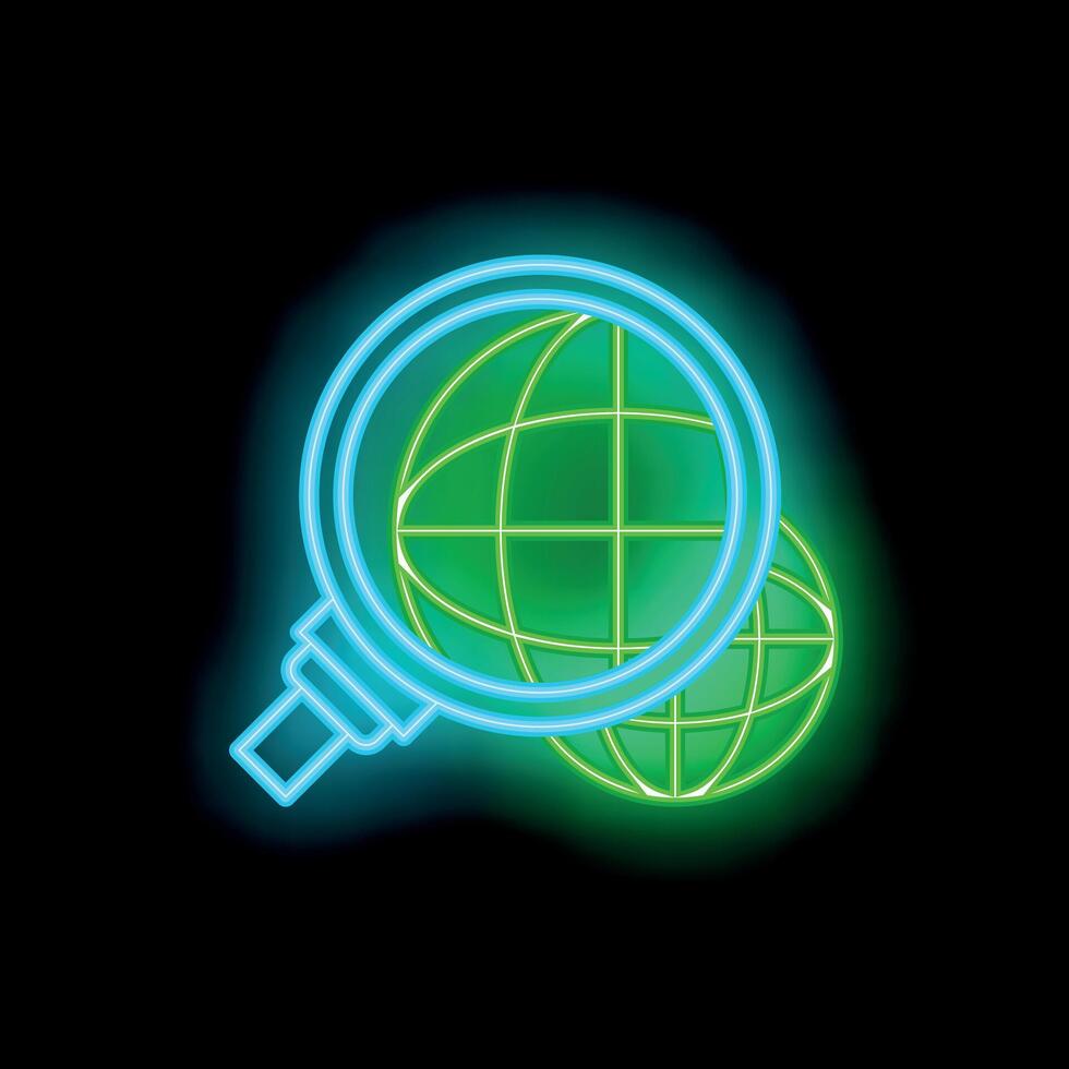 Magnifying glass investigating green globe neon sign on black background vector