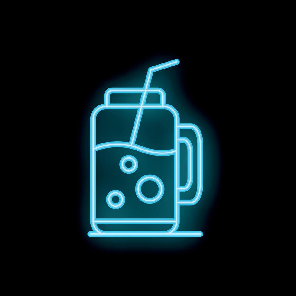 Blue neon sign depicting a soda in a glass with a straw and bubbles on a black background vector