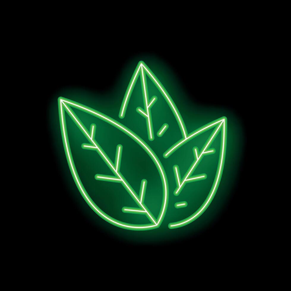 Green neon sign showing three leaves on black background vector