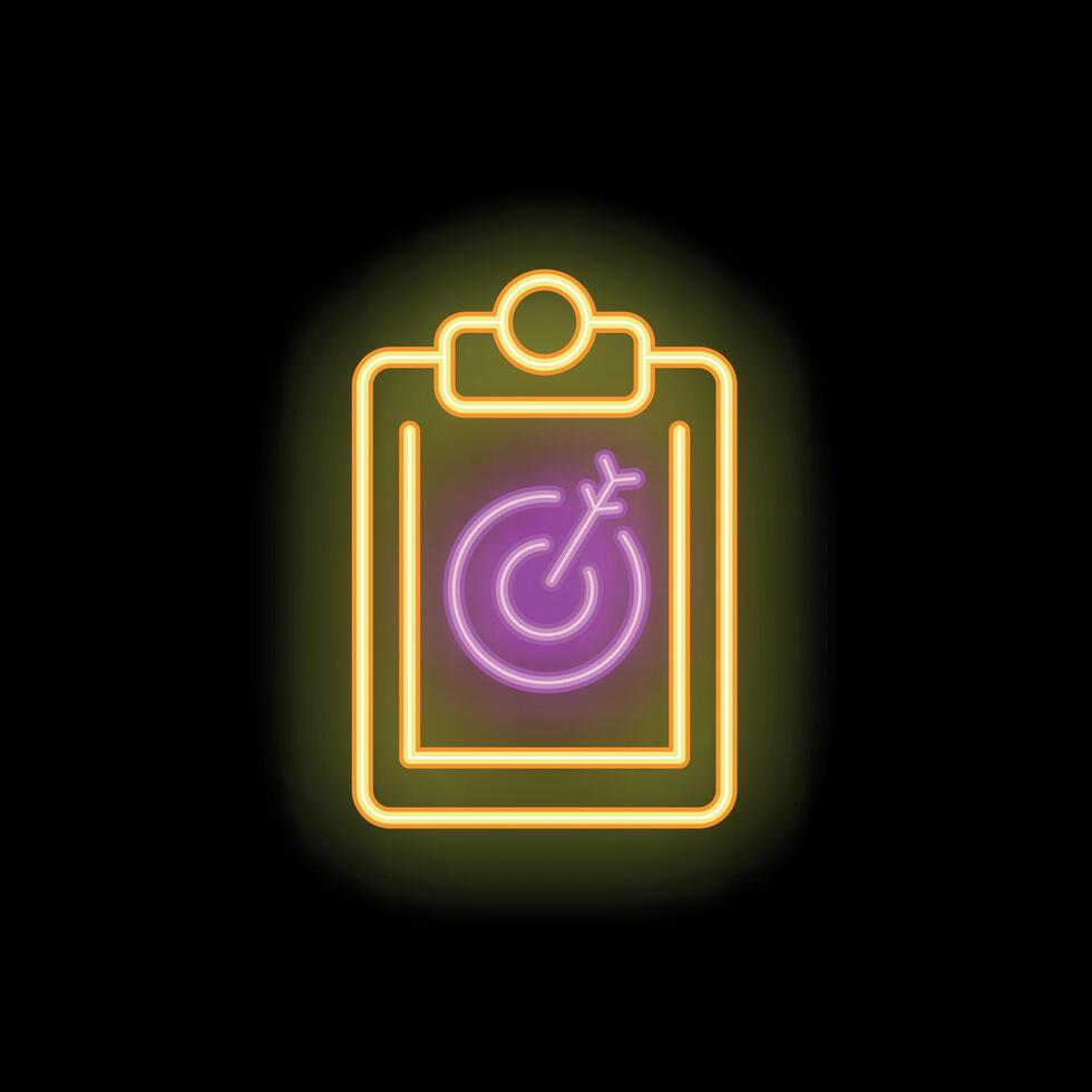 Neon icon of clipboard showing target with arrow hitting bullseye vector